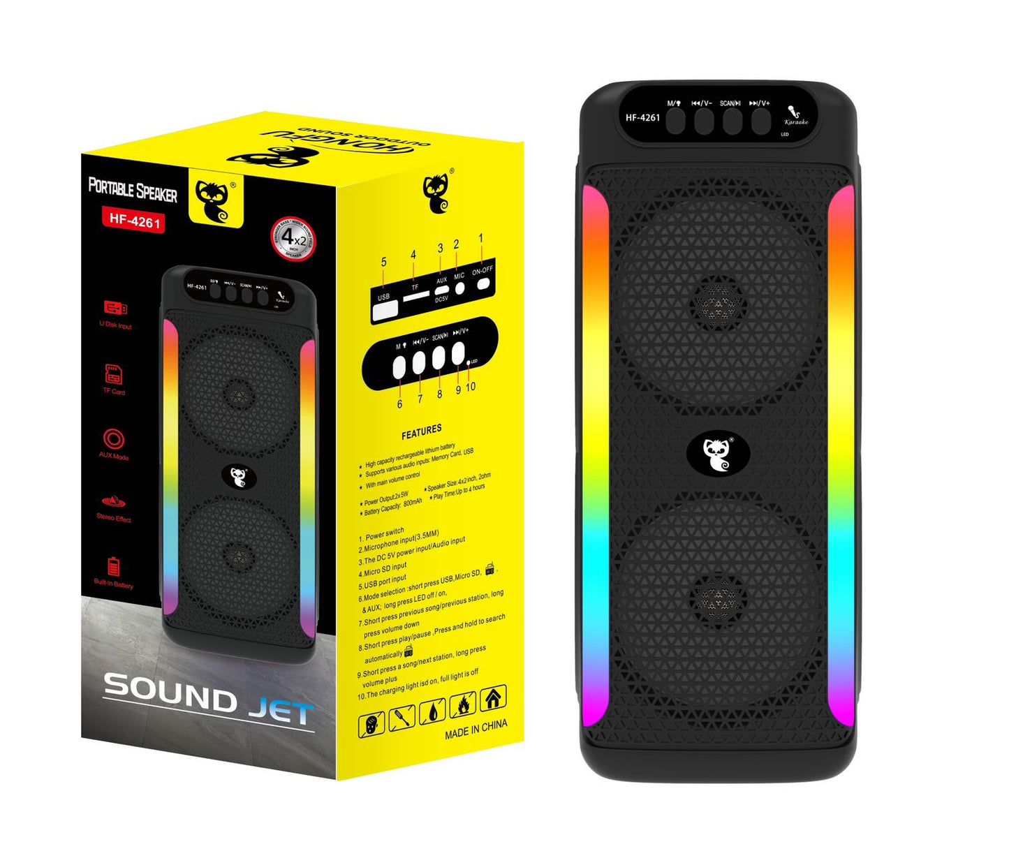HF-4261 Dual 4 Inch*2 Wireless Bluetooth Speakers Portable Outdoor Player Subwoofer Rechargeable with Handle RGB Light
