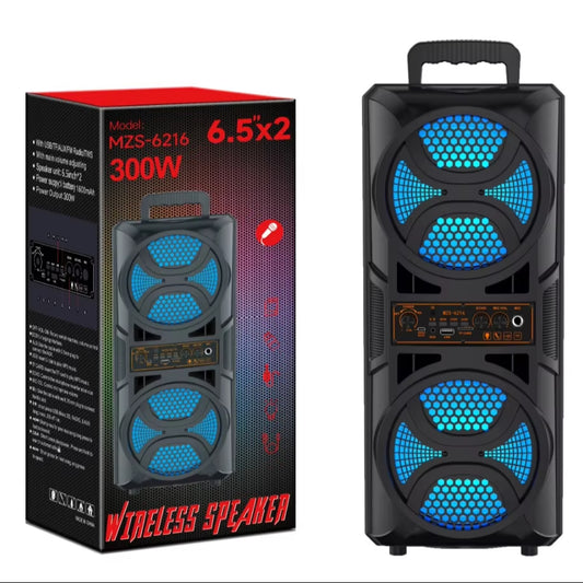 MZS-6216 Dual 6.5inch*2 Wireless Bluetooth Speakers Big Size Portable Outdoor Player Subwoofer Rechargeable with Handle LED Light